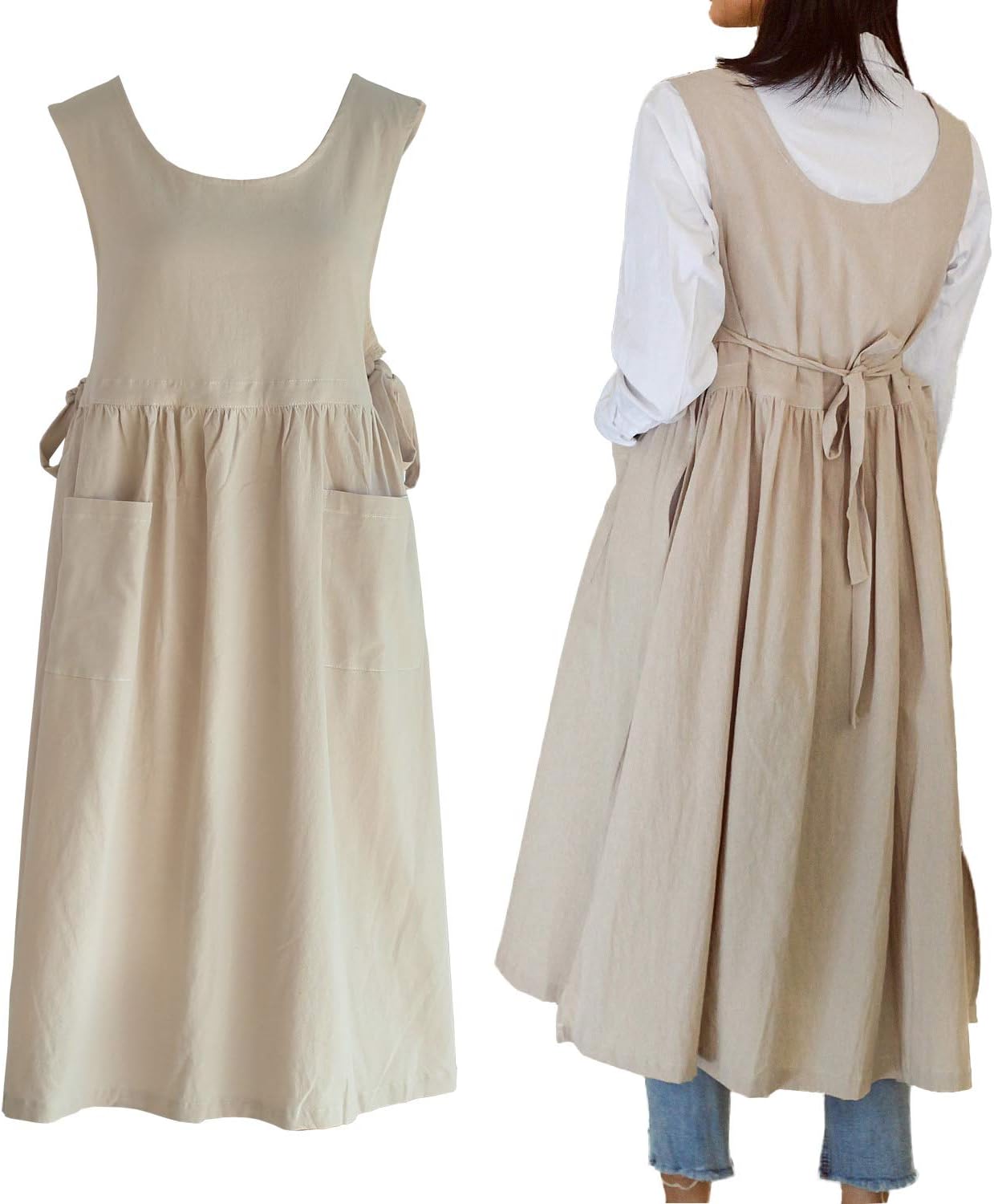 Women Plus Size Cotton Linen Vintage Pleated Split Apron image 1