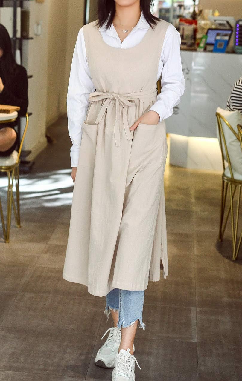 Women Plus Size Cotton Linen Vintage Pleated Split Apron image 2