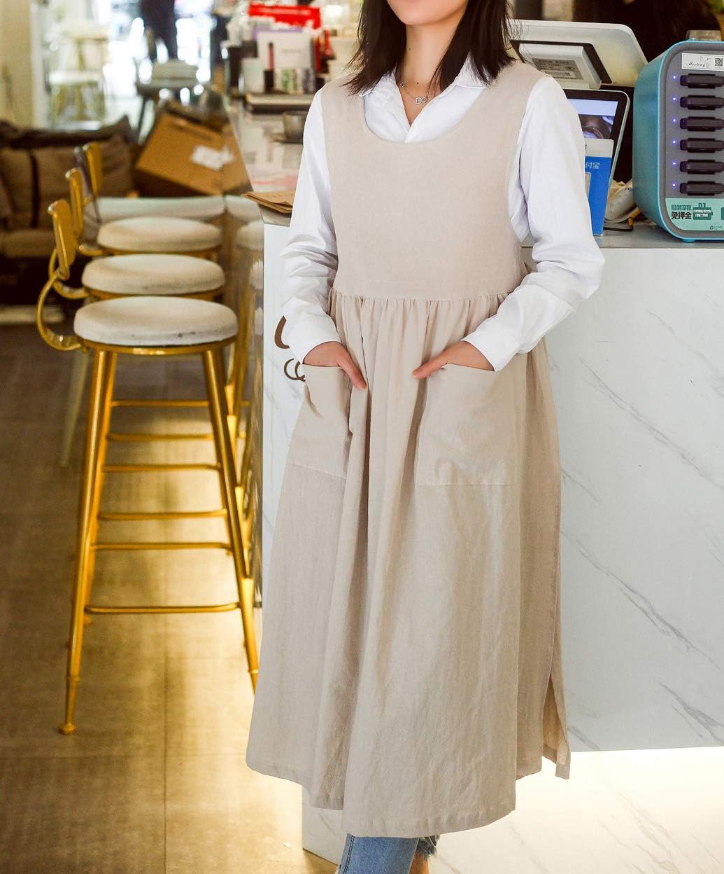 Women Plus Size Cotton Linen Vintage Pleated Split Apron image 3