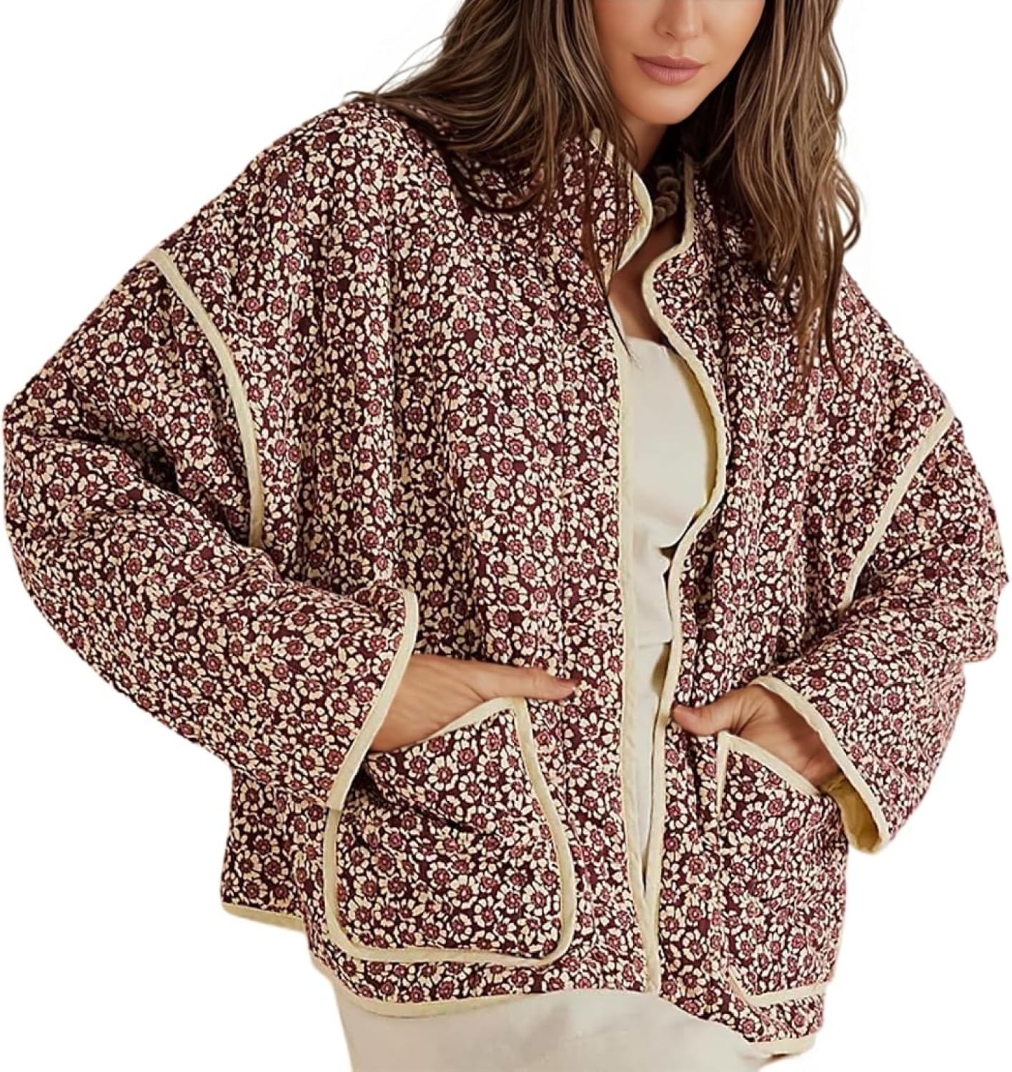 Cropped Quilted Jacket Floral Printed LightWeight Padded image 1