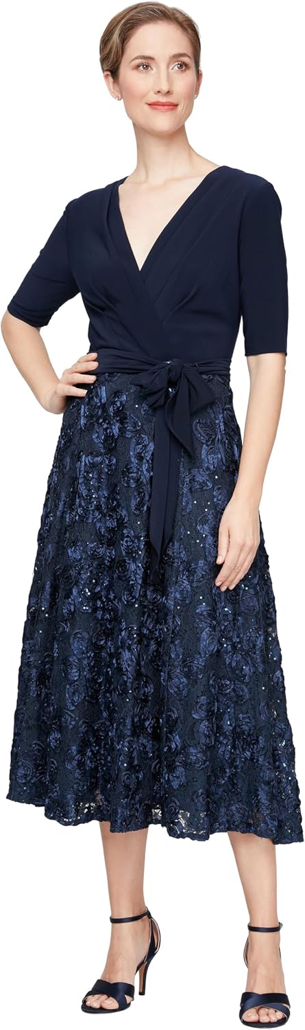 Alex Evenings Tea Length Dress with Rosette Detail image 1